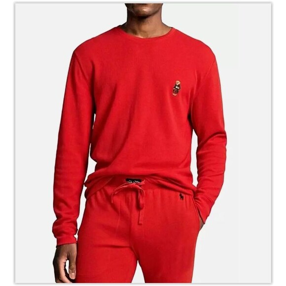NWT Polo Ralph Lauren Coffee Polo Bear Red Waffle Thermal Pajama Sleep Set , M - Picture 6 of 6